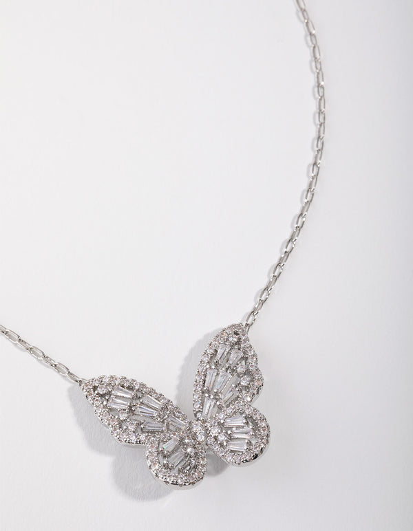 Rhodium Diamond Simulant Large Butterfly Necklace