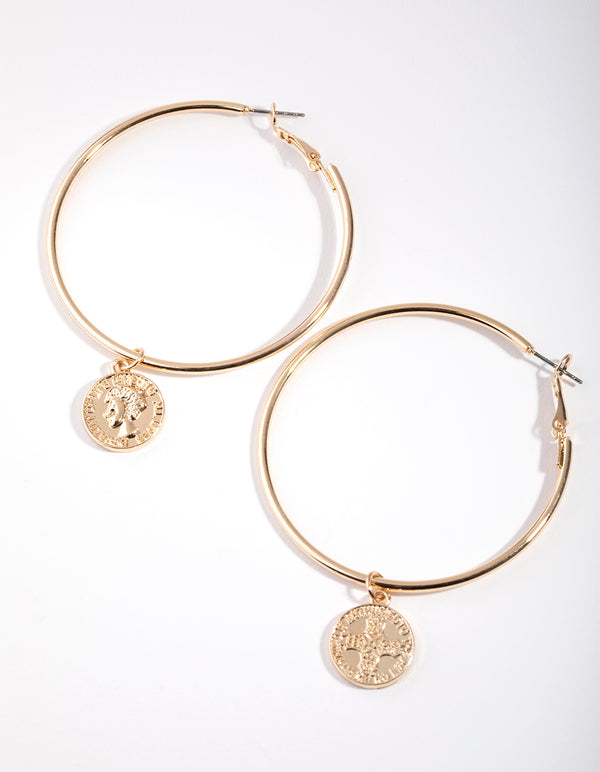 Gold Coin Drop Hoop Earrings