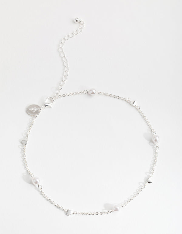 Silver Faux Pearl Heart Choker