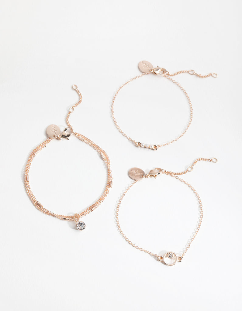 Rose Gold Diamante & Faux Pearl 4-Pack Bracelet