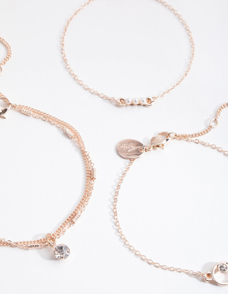 Rose Gold Diamante & Faux Pearl 4-Pack Bracelet