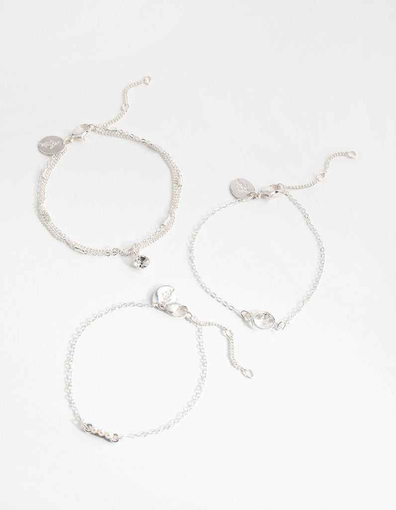 Silver Diamante & Faux Pearl 4-Pack Bracelets