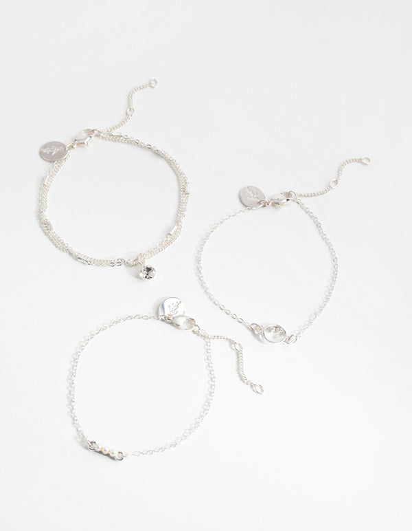 Silver Diamante & Faux Pearl 4-Pack Bracelets