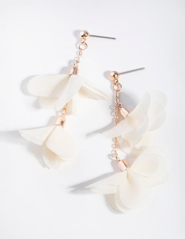 Rose Gold Double Fabric Flower Drop Earrings