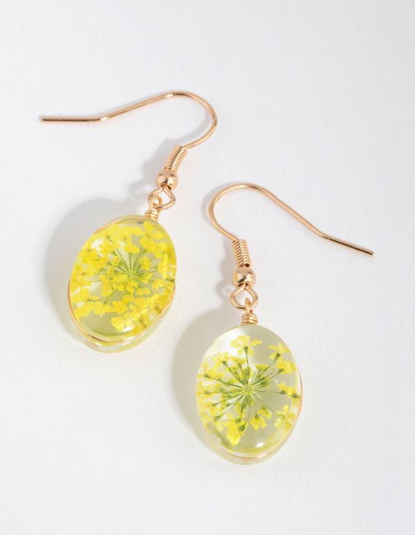 Yellow Oval Clear Bead Drop Earrings