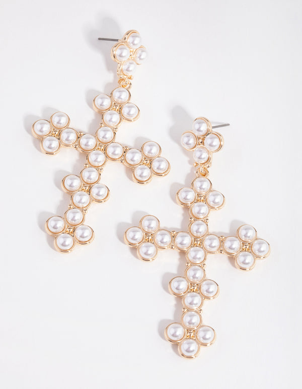 Gold Pearly Cross Earrings