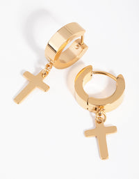 24 Carat Gold Plated Titanium Cross Huggie Earrings - link has visual effect only
