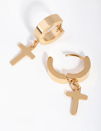24 Carat Gold Plated Titanium Cross Huggie Earrings - link has visual effect only