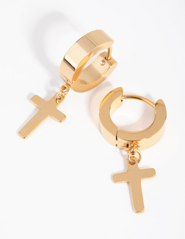 24 Carat Gold Plated Titanium Cross Huggie Earrings
