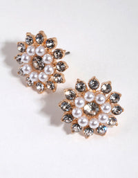 Gold Diamante & Pearl Flower Stud Earrings - link has visual effect only