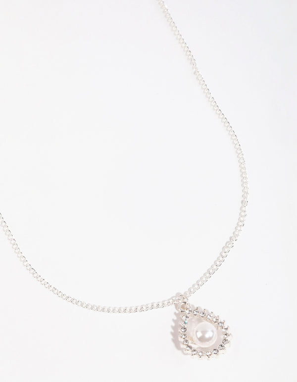 Silver Diamante Open Pear Pearl Necklace