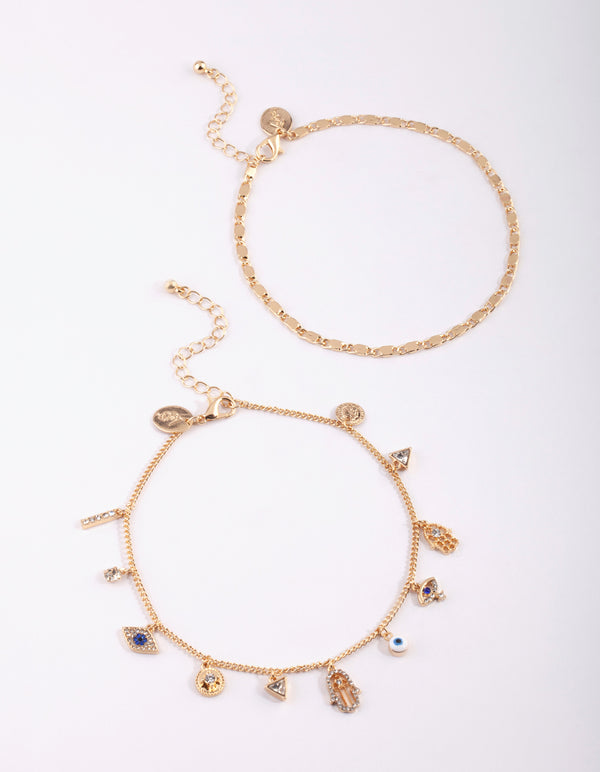 Gold Evil Eye,Hamsa & Chain Charm Anklet Pack