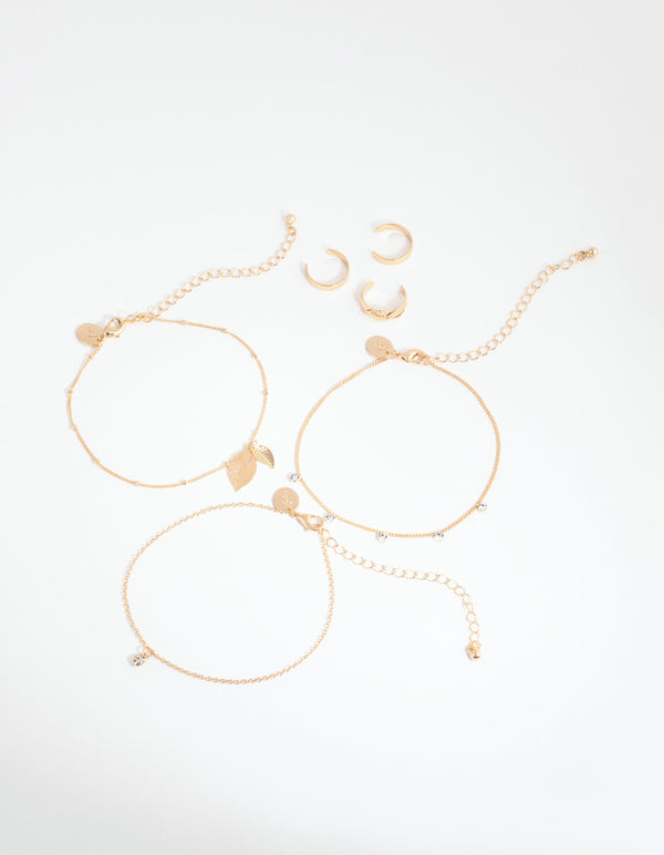 Gold Leaf Anklet & Toe Ring 6-Pack Set