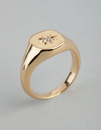 18ct Gold Plated Brass Cubic Zirconia Star Signet Ring - link has visual effect only