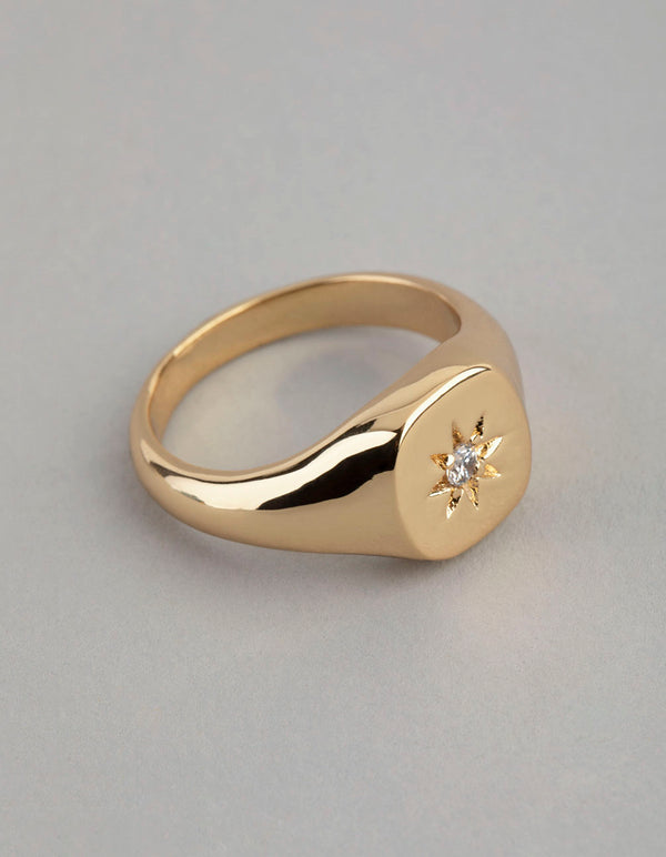 18ct Gold Plated Brass Cubic Zirconia Star Signet Ring