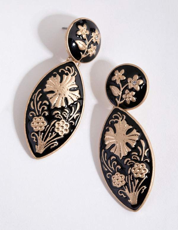 Gold Floral Enamel Drop Earrings