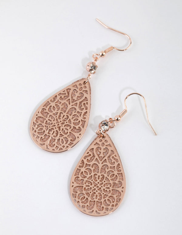 Rose Gold Filigree Pear Glitter Earrings