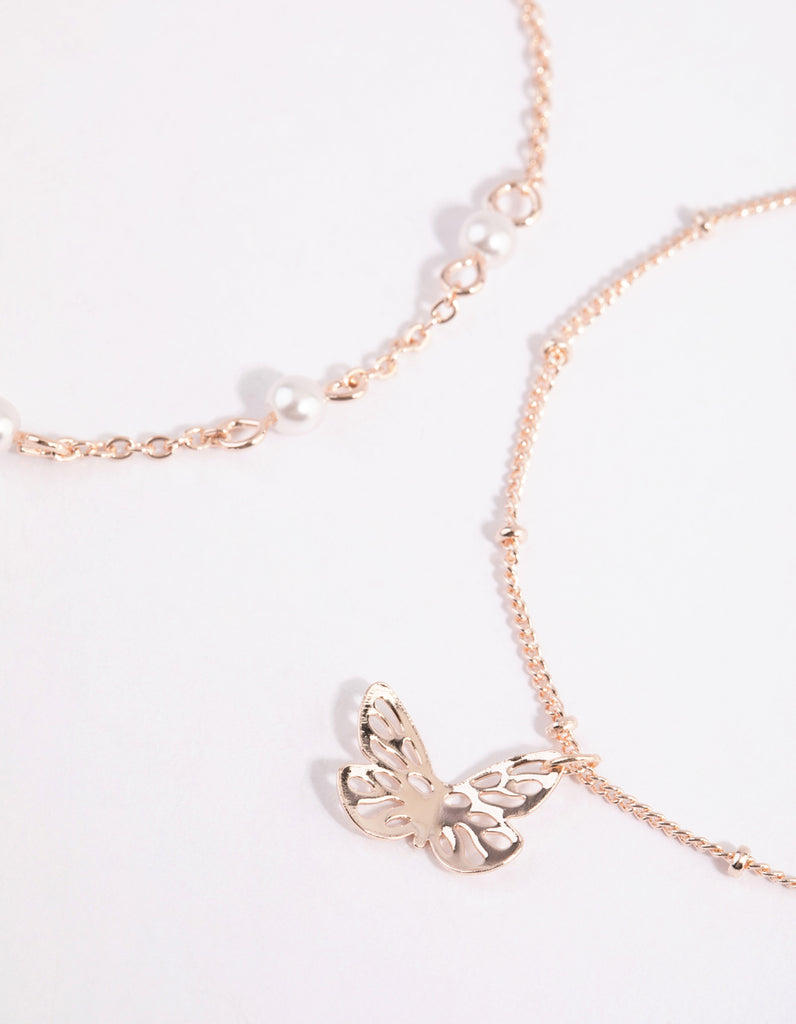 Rose Gold Pearl & Butterfly Bracelet Set