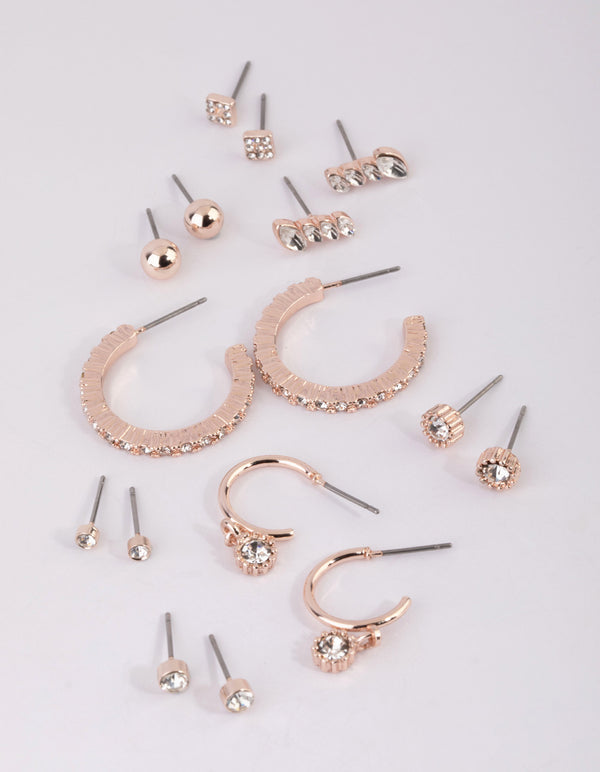 Rose Gold Plain Diamante Stud Earring Pack