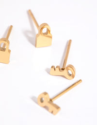 Gold Plated Surgical Steel Lock & Key Stud Earring Set - link has visual effect only