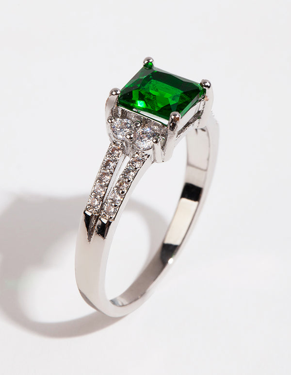 Silver Square Emerald Cubic Zirconia Ring