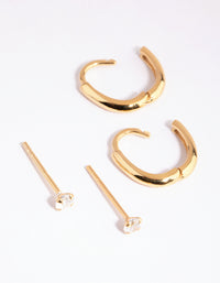 Gold Plated Sterling Silver Diamante & Oval Huggie Earring Pack - link has visual effect only