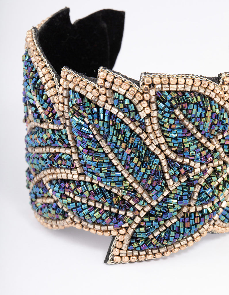 Multicolored Seed Bead Leaf Cuff Bangle