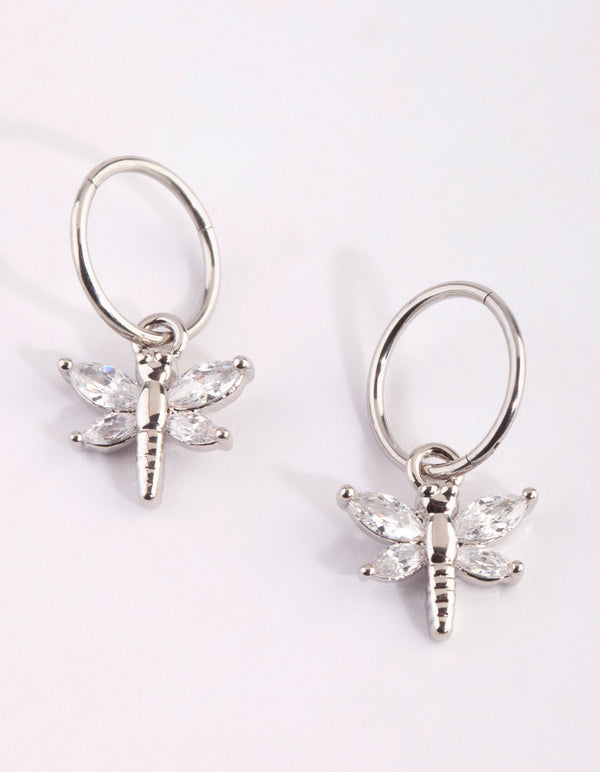 Surgical Steel Cubic Zirconia Dragonfly Hoop Earrings