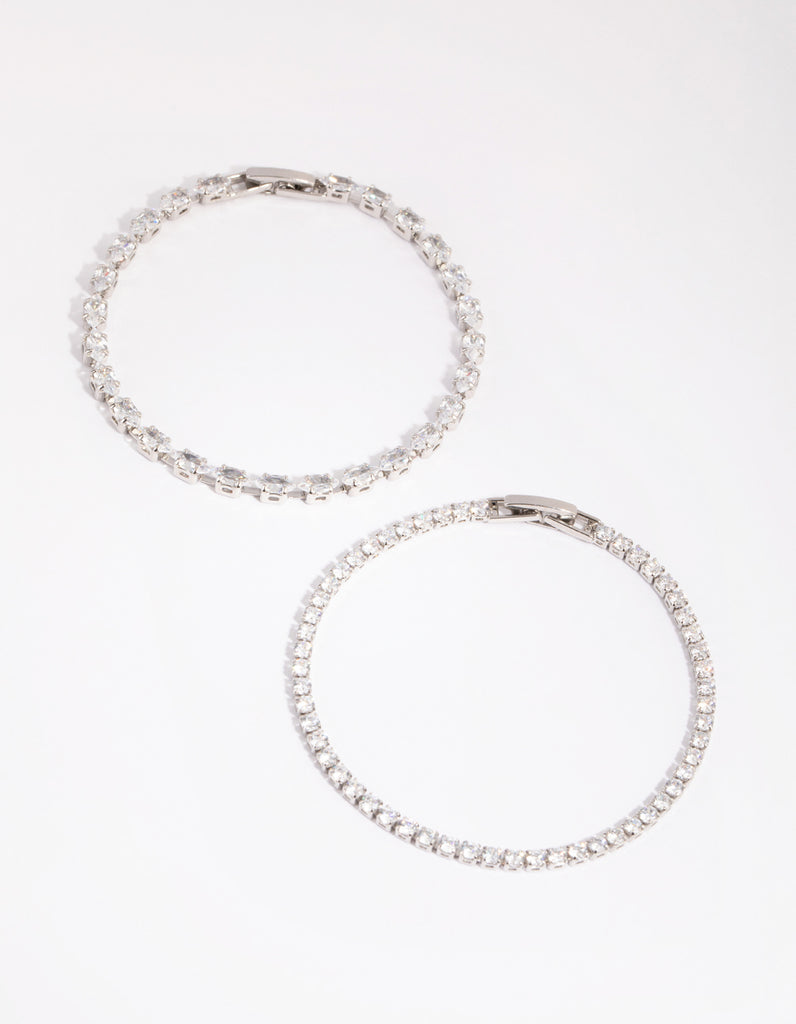 Rhodium Diamond Simulant Mixed Stone Bracelet Set