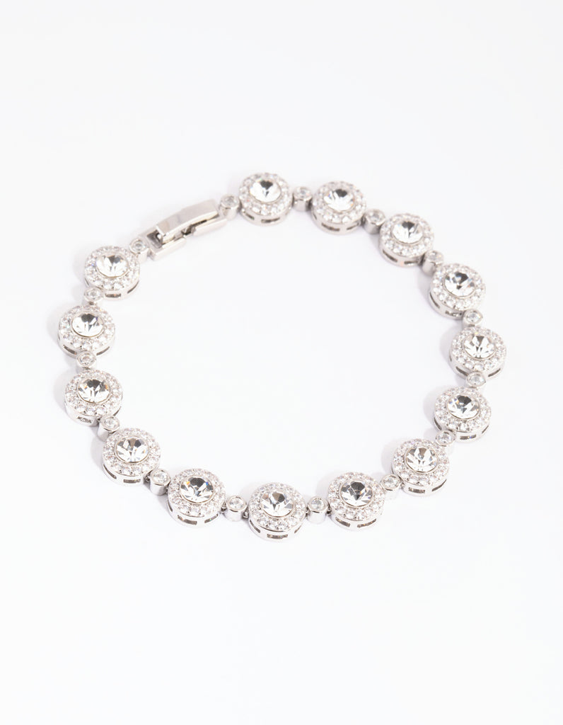 Rhodium Diamond Simulant Halo Station Bracelet