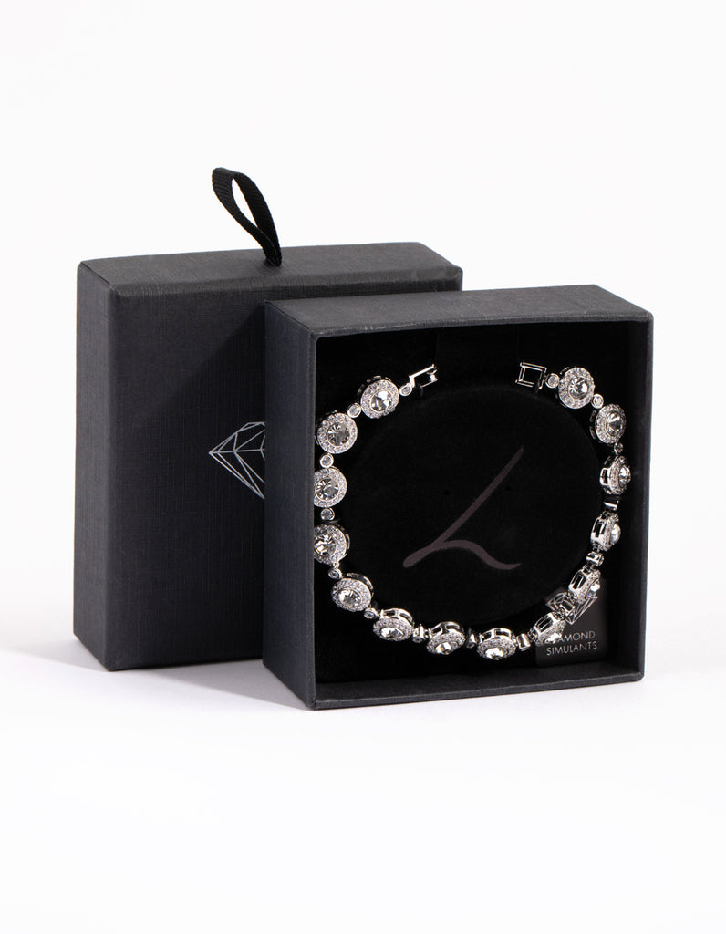 Rhodium Diamond Simulant Halo Station Bracelet