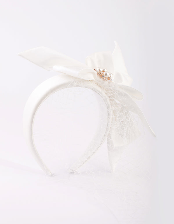 White Bow Pearl & Veil Headband