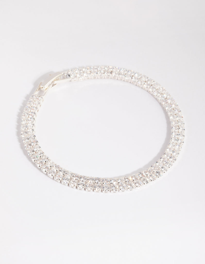 Silver Cubic Zirconia Layered Cup Chain Tennis Bracelet