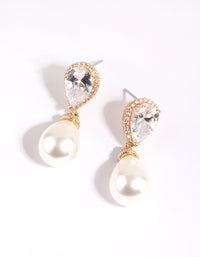 Gold Diamond Simulant Pearl Drop Earrings - link has visual effect only