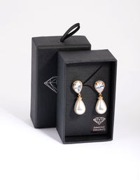 Gold Diamond Simulant Pearl Drop Earrings - link has visual effect only