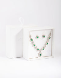 Silver Emerald Diamond Simulant Necklace & Earring Set - link has visual effect only