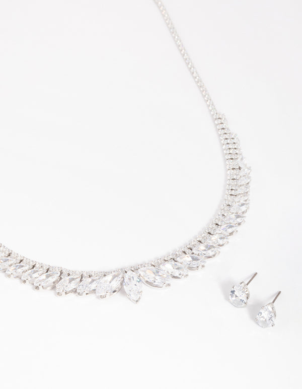 Rhodium Diamond Simulant Marquise Necklace & Earrings Set