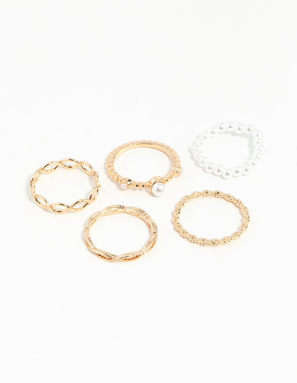 Gold Pearl & Twist Ring 5-Pack