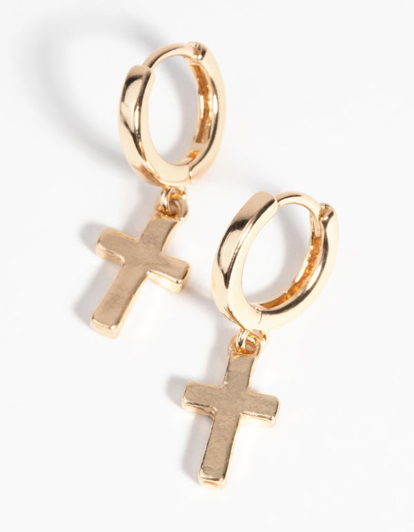 Gold Cross Huggie Hoop Earrings