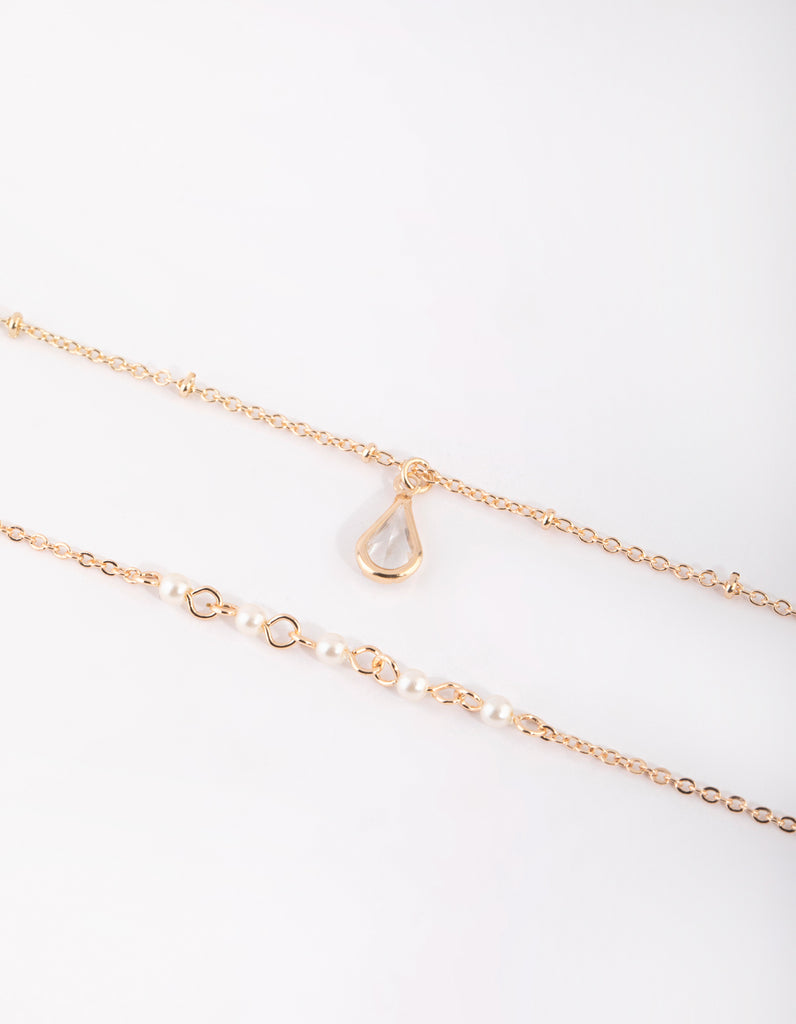 Gold Pearl & Teardrop Diamante Bracelet Set