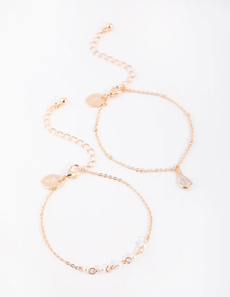 Gold Pearl & Teardrop Diamante Bracelet Set