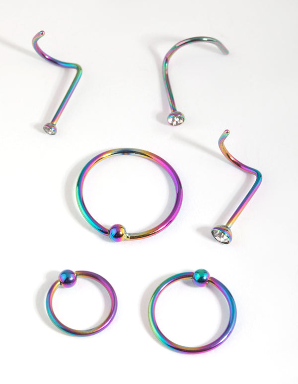 Surgical Steel Rainbow Nose Ring 6-Pack