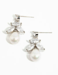 Rhodium Cubic Zirconia Leaf & Pearl Drop Earrings - link has visual effect only