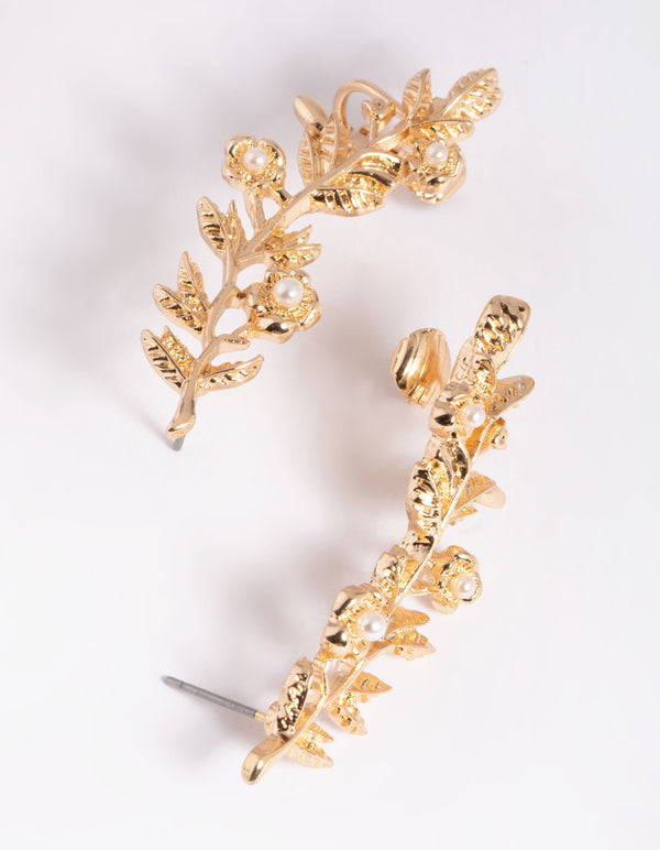 Gold Floral Branch Cuff Earrings