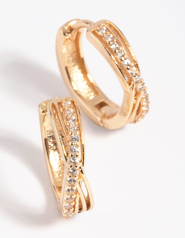 Gold Cubic Zirconia Twisted Huggie Hoop Earrings