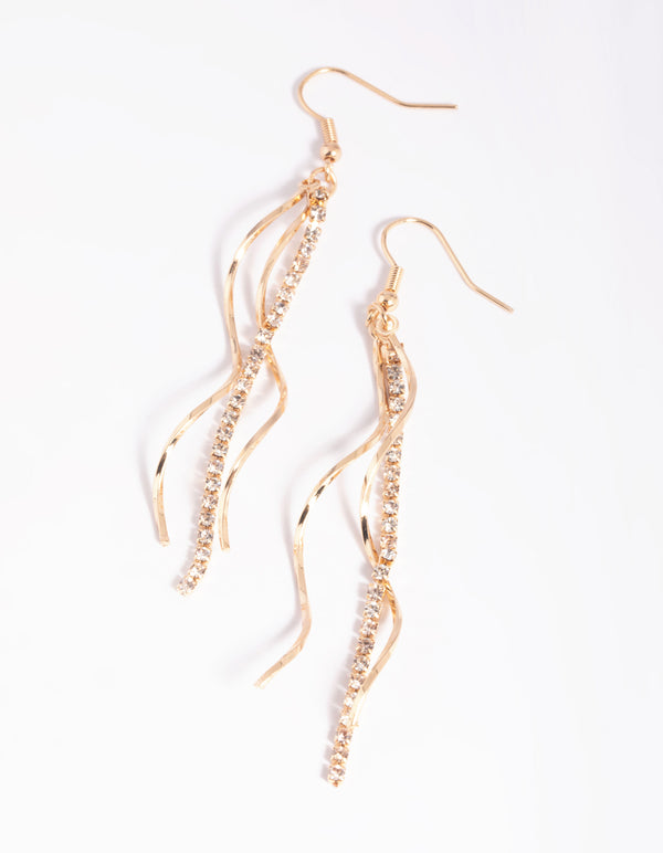 Gold Diamante Twisted Drop Earrings