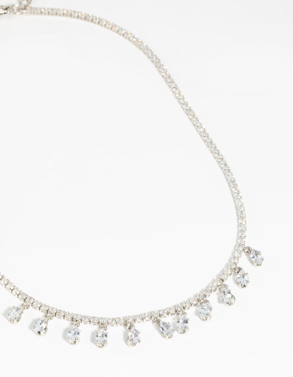 Rhodium Diamond Simulant Teardrop Necklace