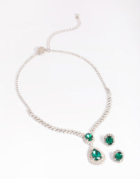 Rhodium Diamond Simulant Emerald Necklace & Earrings Set - link has visual effect only