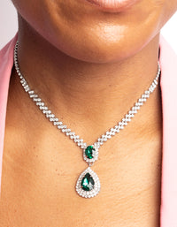 Rhodium Diamond Simulant Emerald Necklace & Earrings Set - link has visual effect only