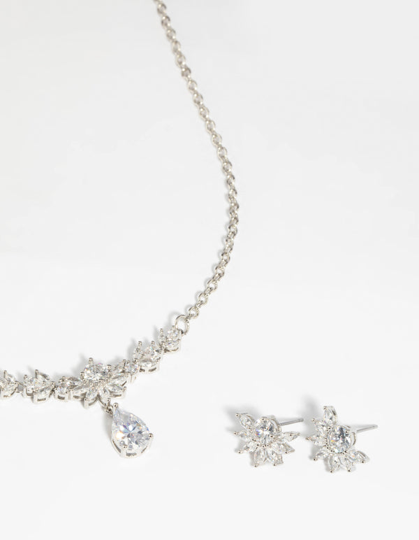 Diamond Simulant Flower Necklace & Earrings Set